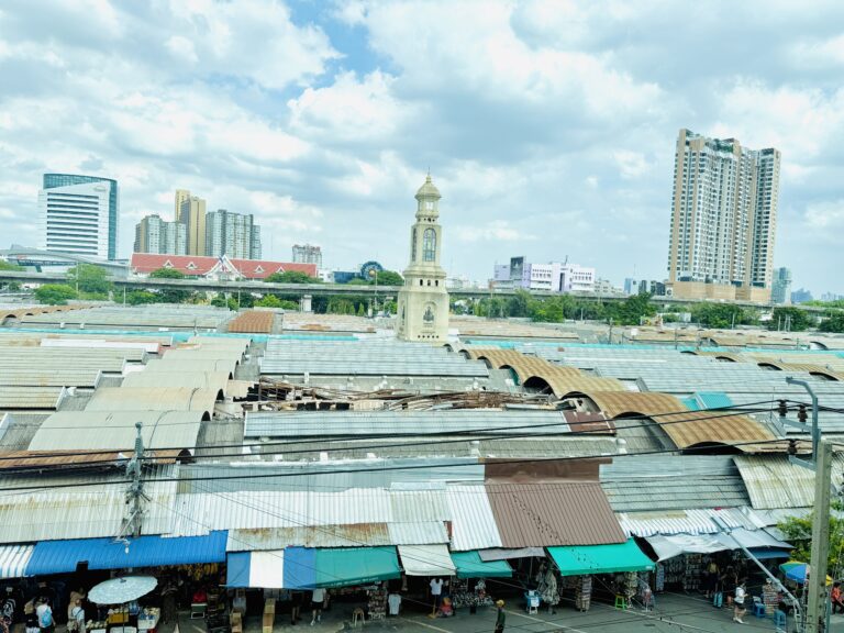 Aerial view of Chatuchak Weekend Market's covered stalls and clock tower