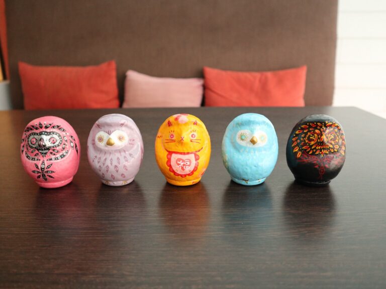 Five hand-painted Daruma art pieces by Kotori KTR