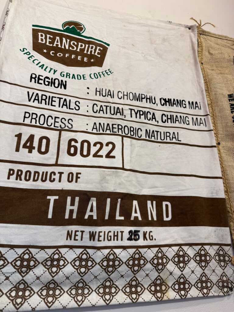 Burlap sack showing Chiang Mai-grown coffee at TAN Coffee & Roaster