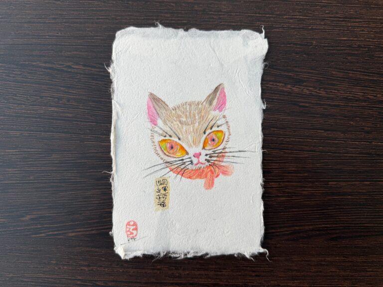 A cat portrait on textured Yanagiu washi.
