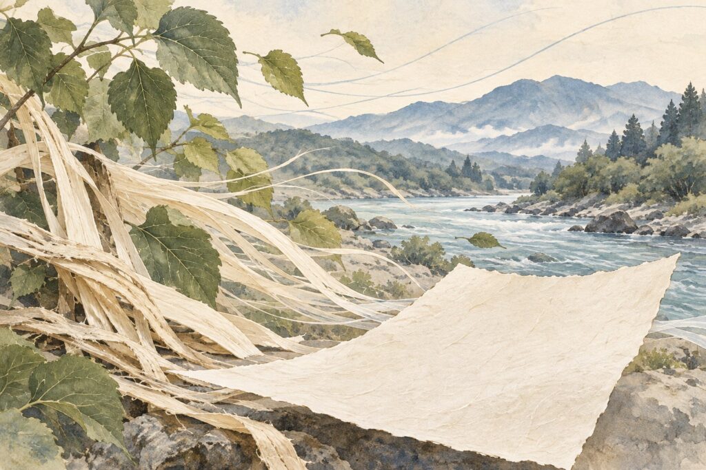 AI-generated conceptual watercolor of water, wind, plant fibres and handmade paper; not a real landscape or historical reconstruction.